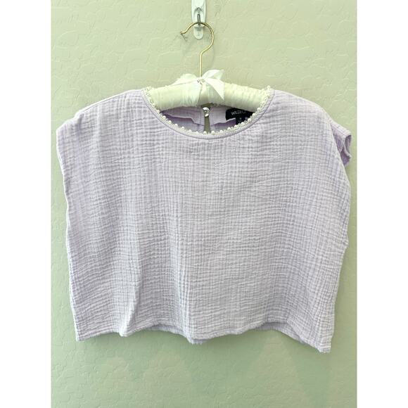 WILDFOX | Lilac Purple Textured Cotton Crop Top Pearl Trim Keyhole Back | Medium - Picture 1 of 8